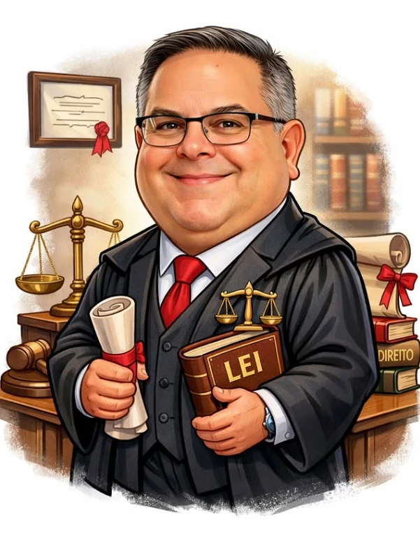 Ilustração do Dr. Renato Palma Rocha Junior, advogado, em seu escritório, com toga, livro de Direito e balança da justiça